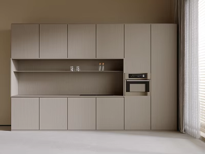 Modern Light Colored Kitchen Cabinets With Open Shelf Glassware Bottles And Built in Microwave 3d model