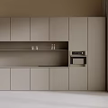 Modern Light Colored Kitchen Cabinets With Open Shelf Glassware Bottles And Built in Microwave