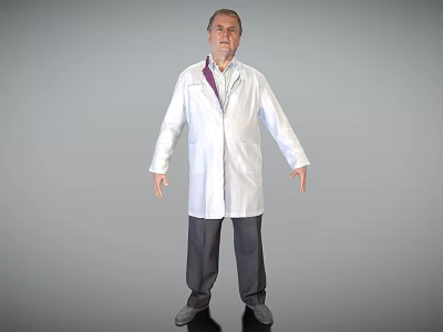Man In White Long Coat Purple Shirt Dark Pants And Gray Shoes On Gray Background 3d model