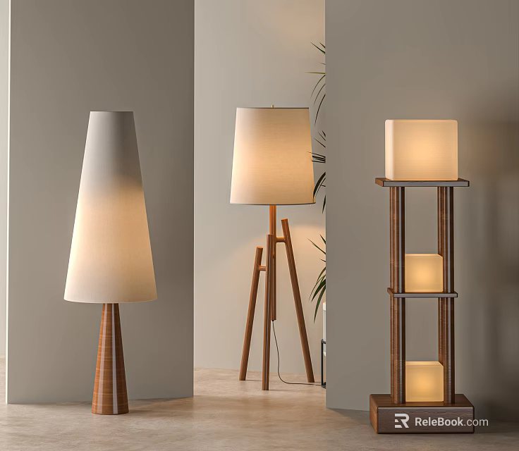 Modern Floor Lamps With Unique Design Elements And Wooden Bases 3d model 