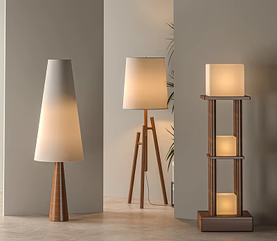 Modern Floor Lamps With Unique Design Elements And Wooden Bases 3d model