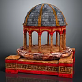 Classical Dome Architectural Component With Gray Tiles Yellow Stripes Red Arches Columns And Greek Patterns