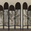 Tropical Leaf Pattern Room Divider With Black Arched Frame And Woven Panels 3d model
