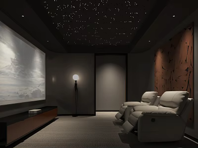 Modern Home Theater Room with Starry Ceiling Large Screen White Recliner Chairs and Floor Lamp 3d model