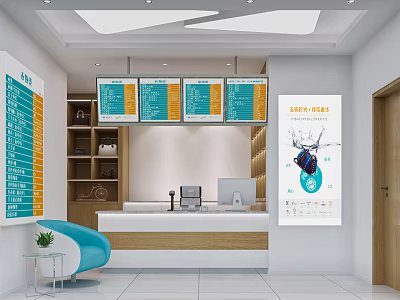 Mall Shop Interior With White Walls Geometric Ceiling Menu Boards Green Screens Reception Counter And Blue Chair 3d model