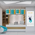 Mall Shop Interior With White Walls Geometric Ceiling Menu Boards Green Screens Reception Counter And Blue Chair