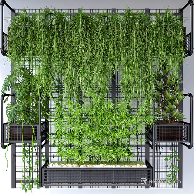 Lush Vines Hanging On Grid Wall With Greenery 3d model 