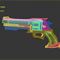 Futuristic Sci Fi Revolver With Orange Silver Metal Body Wooden Grip And Mechanical Gear Details
