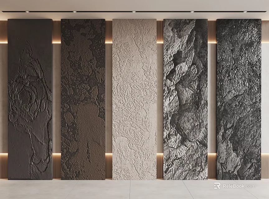 Textured Feature Wall Panels With Multiple Designs Rose Pattern Rock Texture And Lighting 3d model 