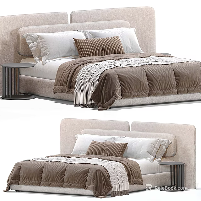 Modern Double Bed With Upholstered Headboard Brown White Pillows And Side Nightstand 3d model 