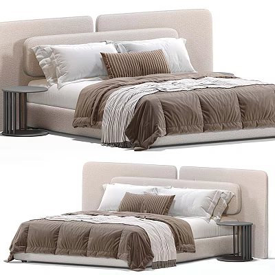 Modern Double Bed With Upholstered Headboard Brown White Pillows And Side Nightstand 3d model