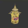 Vintage Hexagonal Lantern With Decorative Green Red Yellow Glass Panels And Spire Top