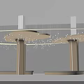 Modern Wooden Pillars With Curved Top Design And Hanging Spherical Lights In Interior Space
