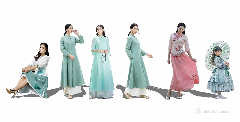 Multiple women wearing traditional Chinese dresses in light green and pink with elegant designs 3d model 