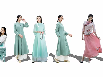 Multiple women wearing traditional Chinese dresses in light green and pink with elegant designs 3d model