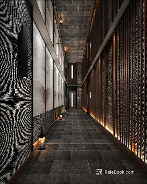 Modern Hotel Corridor With Wooden Slats Textured Walls Stone Flooring And Ambient Lighting 3d model 