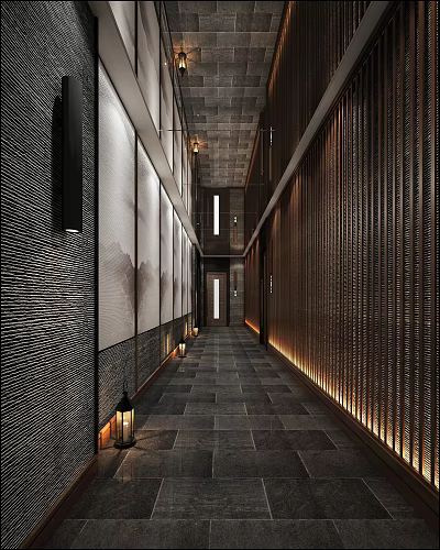 Modern Hotel Corridor With Wooden Slats Textured Walls Stone Flooring And Ambient Lighting 3d model