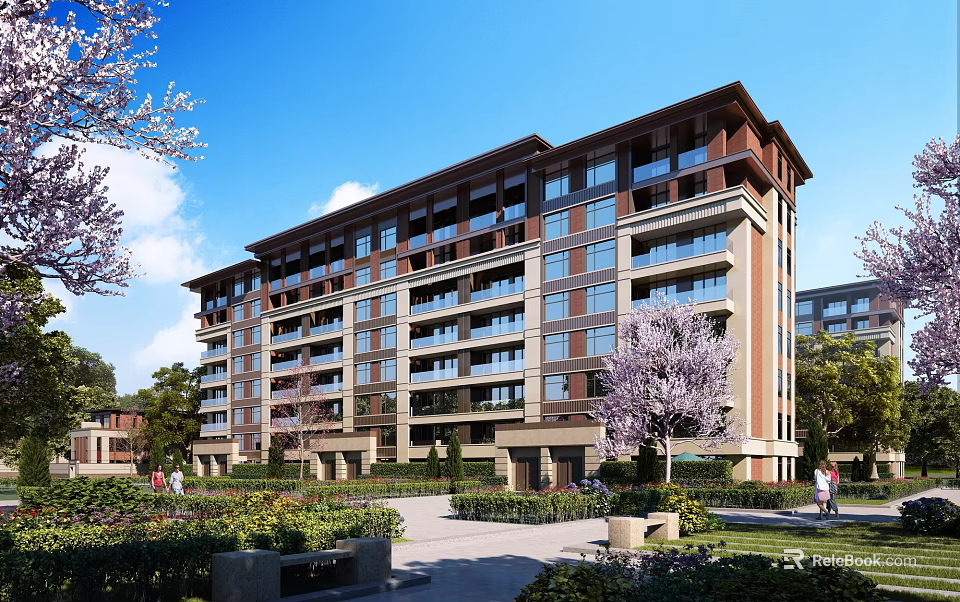 Modern Multi Story Residential Building With Greenery Trees And Pathway 3d model 