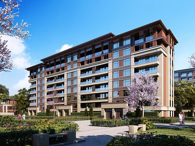Modern Multi Story Residential Building With Greenery Trees And Pathway 3d model