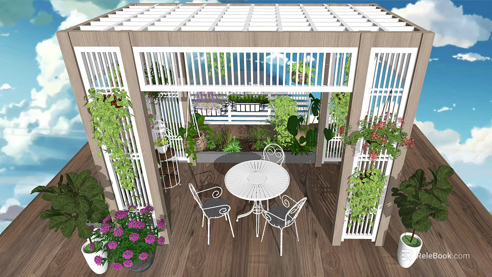 Garden Landscape Featuring Pergola Wooden Deck White Table Chairs And Flowering Vines 3d model 