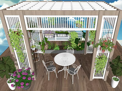 Garden Landscape Featuring Pergola Wooden Deck White Table Chairs And Flowering Vines 3d model