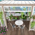 Garden Landscape Featuring Pergola Wooden Deck White Table Chairs And Flowering Vines