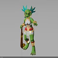 Anthropomorphic Green Creature Character With Blue Feathered Headdress Holding Staff In Ornamental Outfit