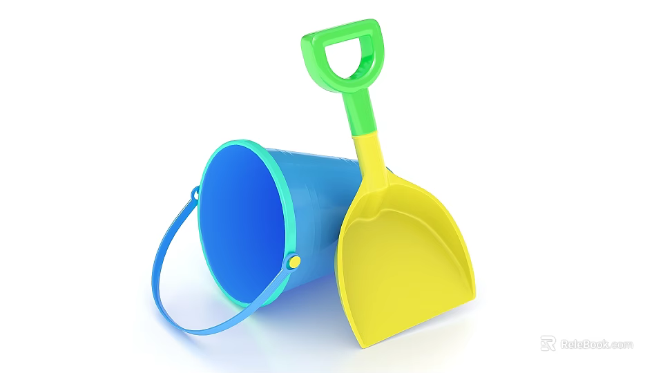 Colorful Plastic Toy Bucket And Shovel With Green Handle For Kids Playtime 3d model 