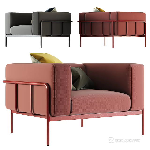 Modern Outdoor Chair With Red And Gray Upholstery Metal Frame And Soft Cushions 3d model 