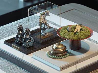 Decorative Ornament Collection Featuring Glass Cover Metal Figurines Moss Tray Beads And Home Decor Accents 3d model