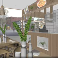Mall Restaurant Shop With Wooden Tables Green Plants And Bright Counter Design