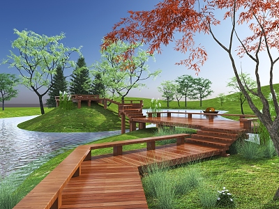 Wooden plank road wetland landscape 3d model