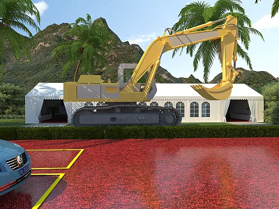 Yellow Excavator Utility Vehicle Parked Near White Tent With Palm Trees And Mountain View 3d model