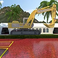 Yellow Excavator Utility Vehicle Parked Near White Tent With Palm Trees And Mountain View