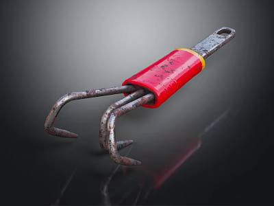 Heavy Duty Metal Claw Hardware Tool With Red Handle And Rusted Metal Prongs 3d model