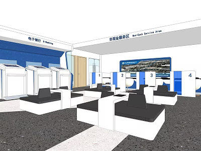 Bank Interior With Electronic Banking Area Security Service Seating And Counters 3d model