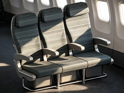 Comfortable Airplane Seats Interior With Striped Fabric Metal Frames And Sunlight Through Windows 3d model