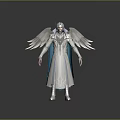 Game Movie Character In White Robe With Blue Cape Silver Headpiece And White Wings