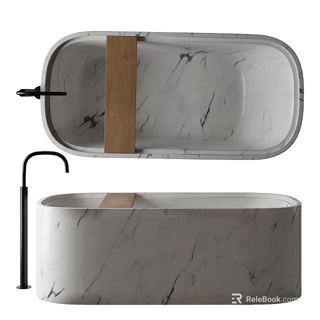 Modern Marble Bathtub With Wooden Shelf And Black Faucet 3d model 