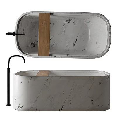 Modern Marble Bathtub With Wooden Shelf And Black Faucet 3d model