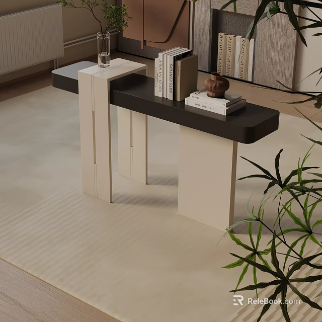 Modern Console Table And Side Cabinet With Books Ceramic Jar Green Plant And Beige Rug 3d model 