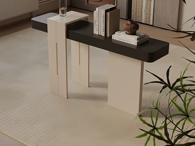 Modern Console Table And Side Cabinet With Books Ceramic Jar Green Plant And Beige Rug 3d model