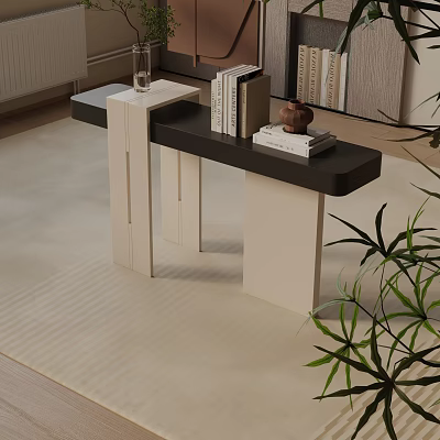 Modern Console Table And Side Cabinet With Books Ceramic Jar Green Plant And Beige Rug 3d model
