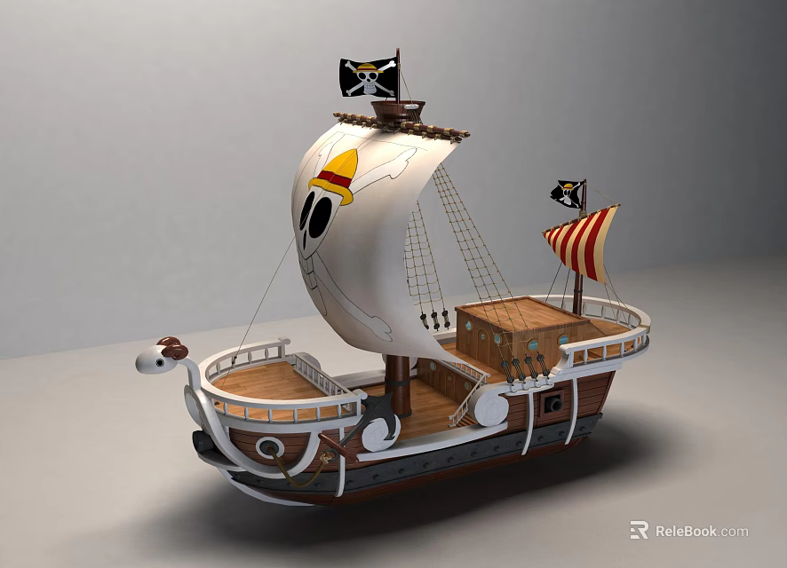Building Blocks Pirate Ship With White Sails And Skull Flag Design 3d model 