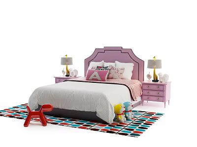 Kids Bed With Pink Headboard Bedside Tables Lamps Colorful Rug Small Chair And Stuffed Toys 3d model