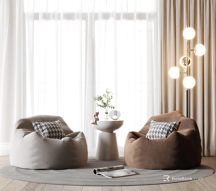 Cozy Casual Sofa Combination Bean Bag Sofas Light Beige Brown Patterned Cushions Small Table Green Plant Floor Lamp 3d model 