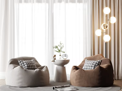 Cozy Casual Sofa Combination Bean Bag Sofas Light Beige Brown Patterned Cushions Small Table Green Plant Floor Lamp 3d model