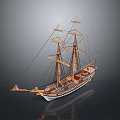 Detailed Wooden Sailboat Model With Multiple Masts And Intricate Deck Details