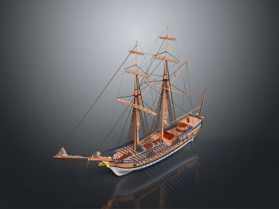 Detailed Wooden Sailboat Model With Multiple Masts And Intricate Deck Details 3d model