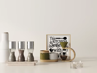 Elegant Kitchen Utensils Featuring Spice Jars Wooden Tray Ceramic Mug Decorative Sign and Candles 3d model